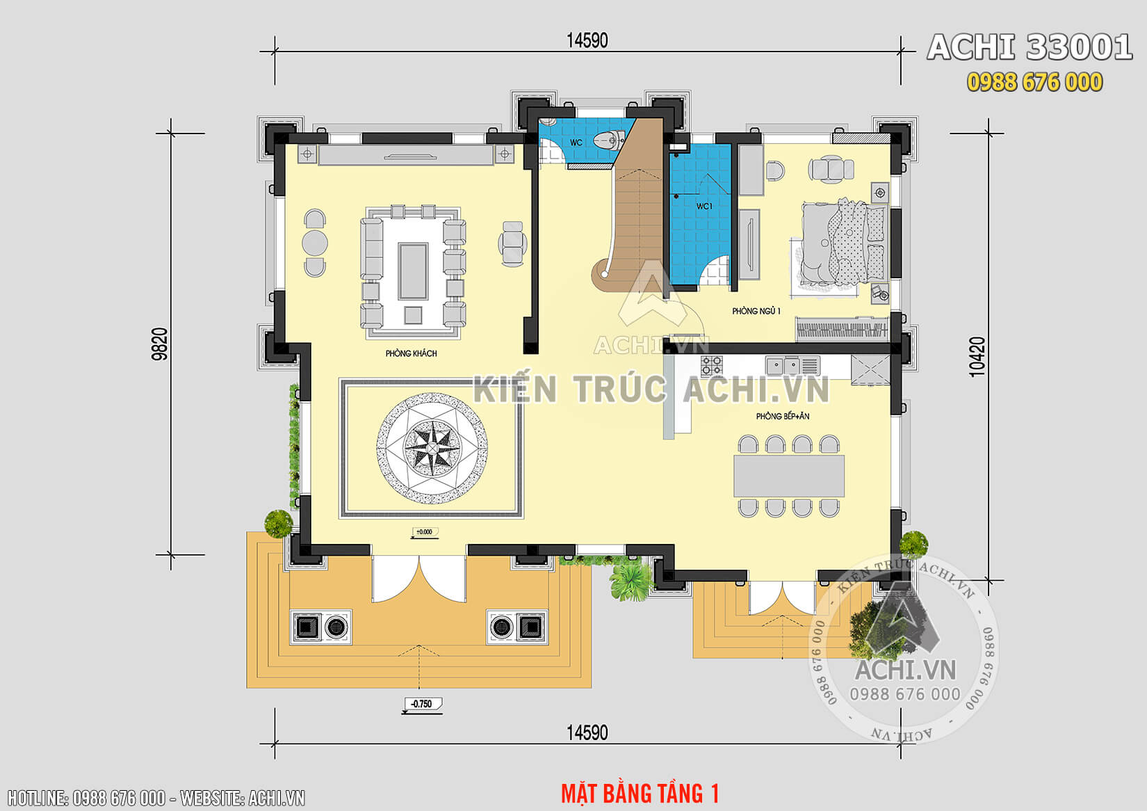 Mặt bằng tầng 1 của mẫu thiết kế 3 kiến trúc Pháp