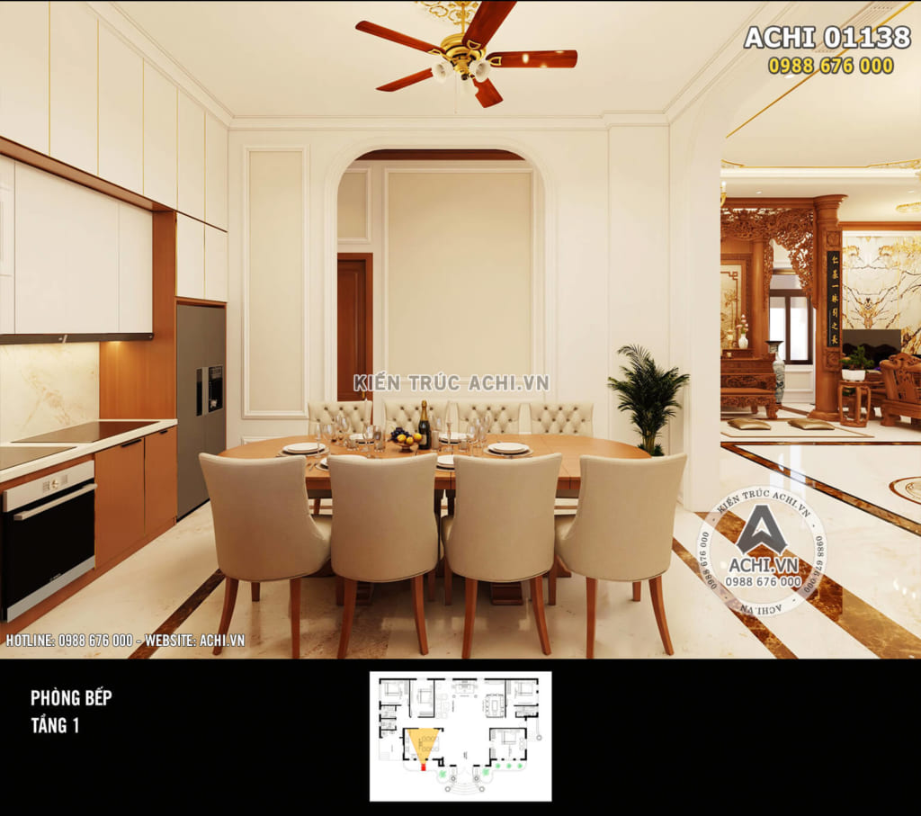 Mẫu nội thất phòng bếp tân cổ điển nhẹ nhàng, sang trọng