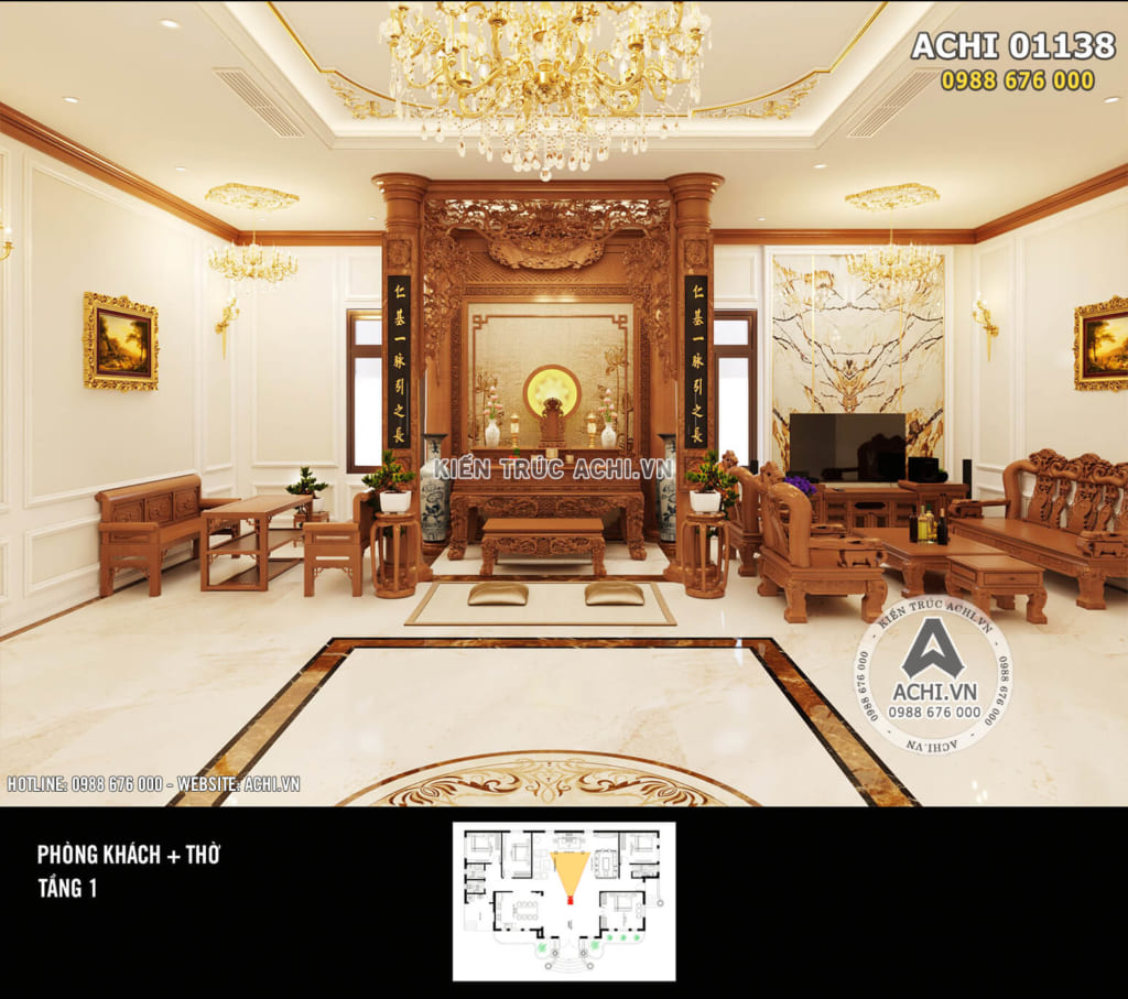 Mẫu thiết kế nội thất phòng khách kết hợp phòng thờ tân cổ điển