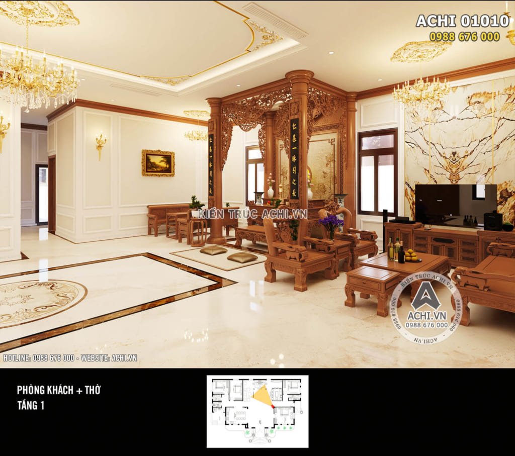 Mẫu thiết kế nội thất tân cổ điển đẹp phòng thờ kết hợp phòng khách