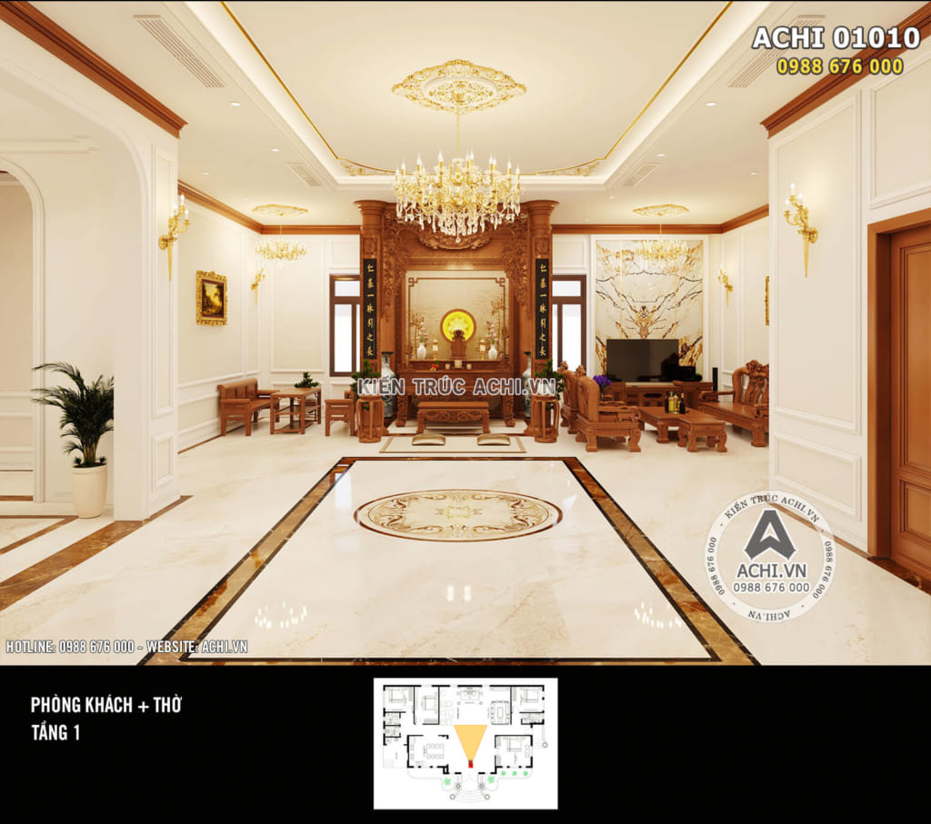 Thiết kế nội thất phòng thờ kết hợp phòng khách đẹp